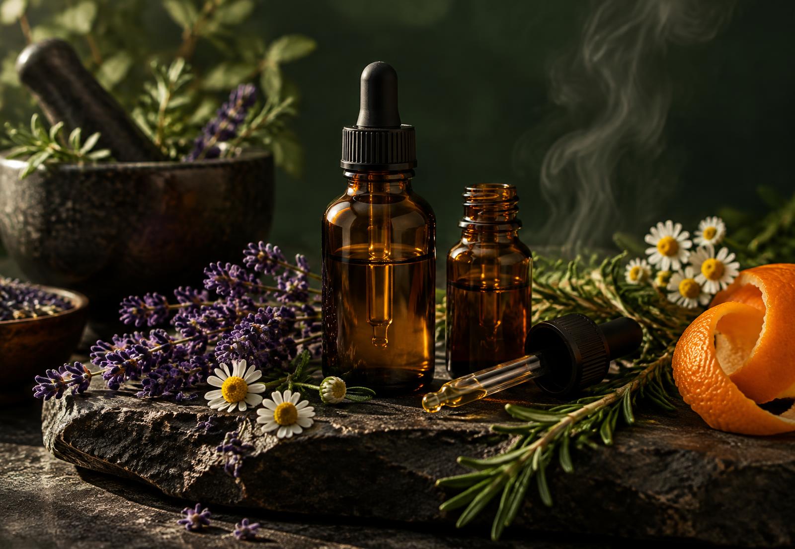 Frascos de óleos essenciais com lavanda, camomila e alecrim